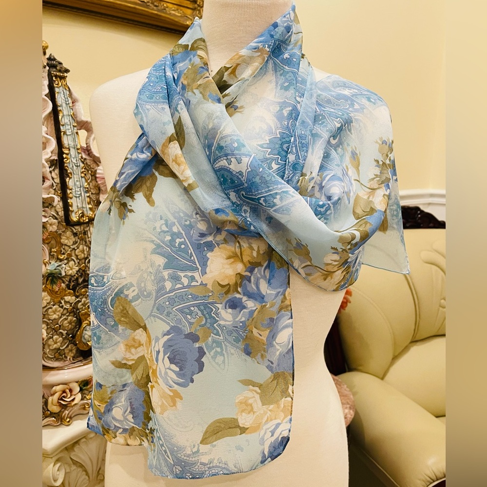 Made In Italy Silk Feel Scarf Fashionista Blue Gold Floral Pattern 56”Long